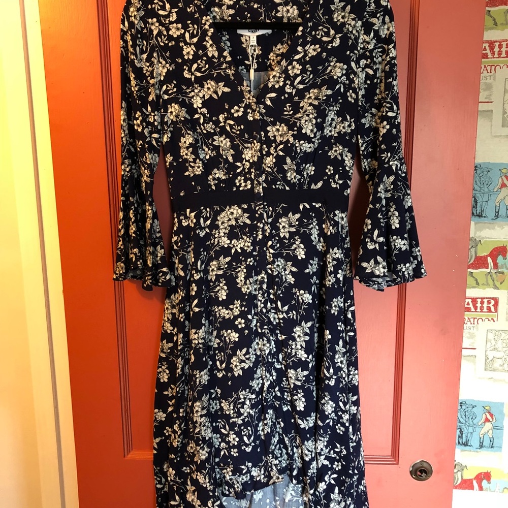 LIKELY navy floral patterned high low dress
